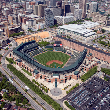 Aerial view of Oriole Park looking toward Inner Harbor