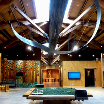 Welcome Center and Buster Simpson sculpture with Great Hall in distance