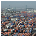 Container terminal with the Vincent Thomas Bridge in the background