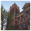 Perspective detail view of tower and brickwork, north and front facade